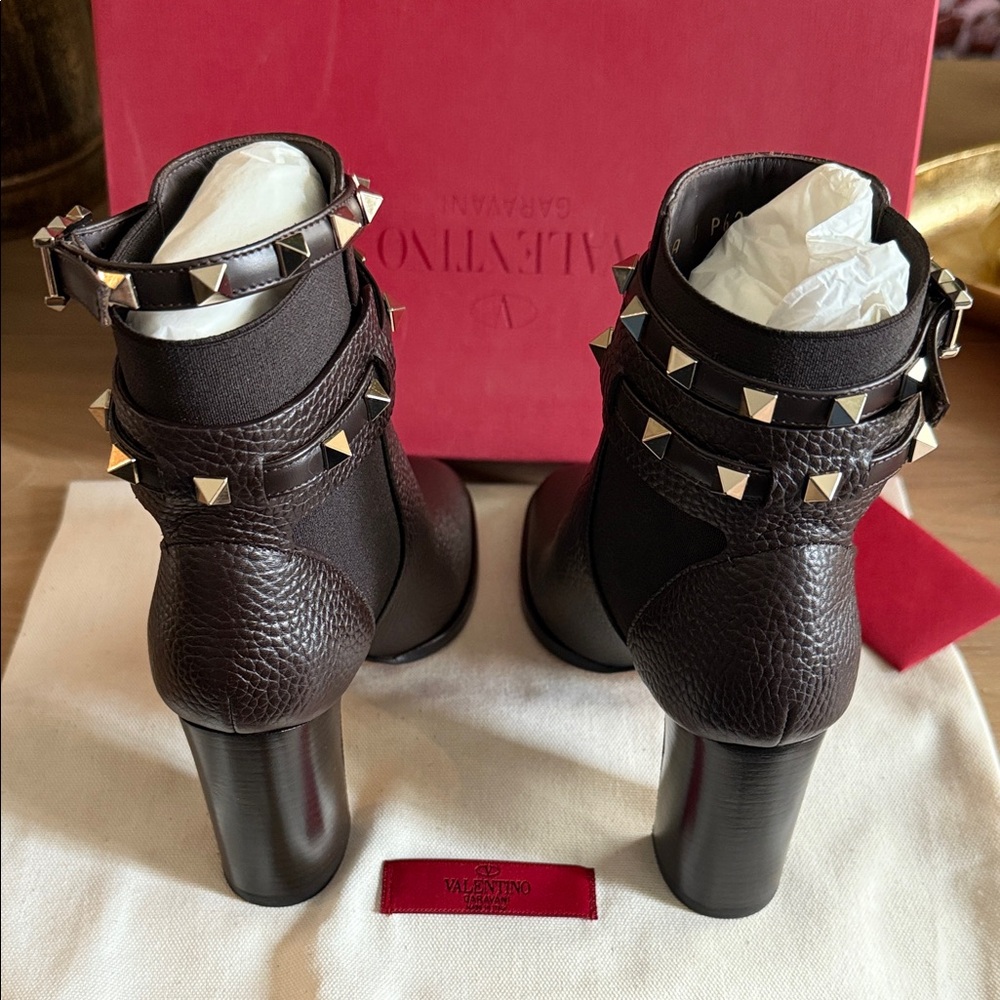 Valentino Dark Brown Studded Ankle Heeled Boots - Picture 2 of 4